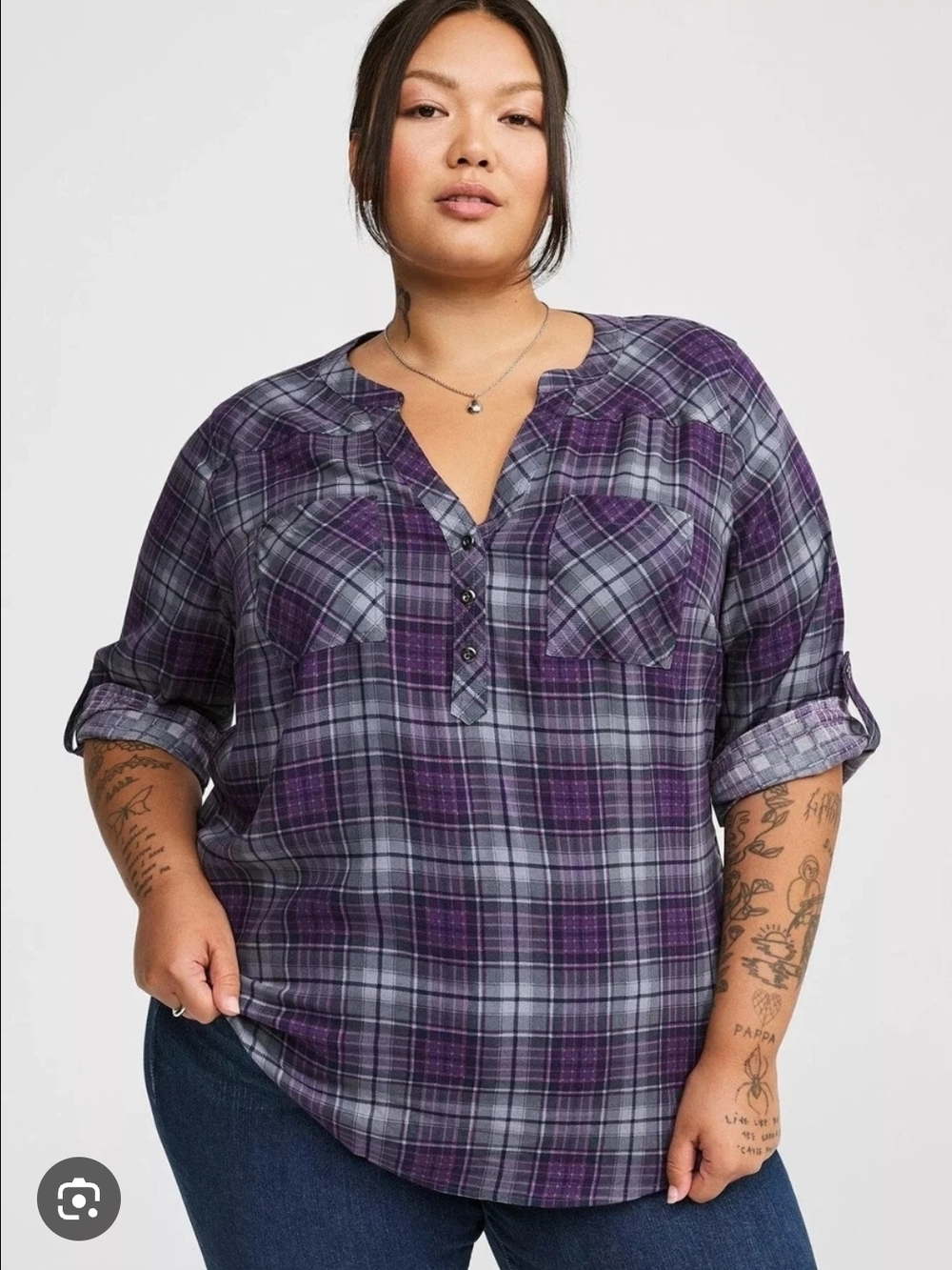 torrid Purple & Gray Plaid Button-Front Tunic - Picture 2 of 5